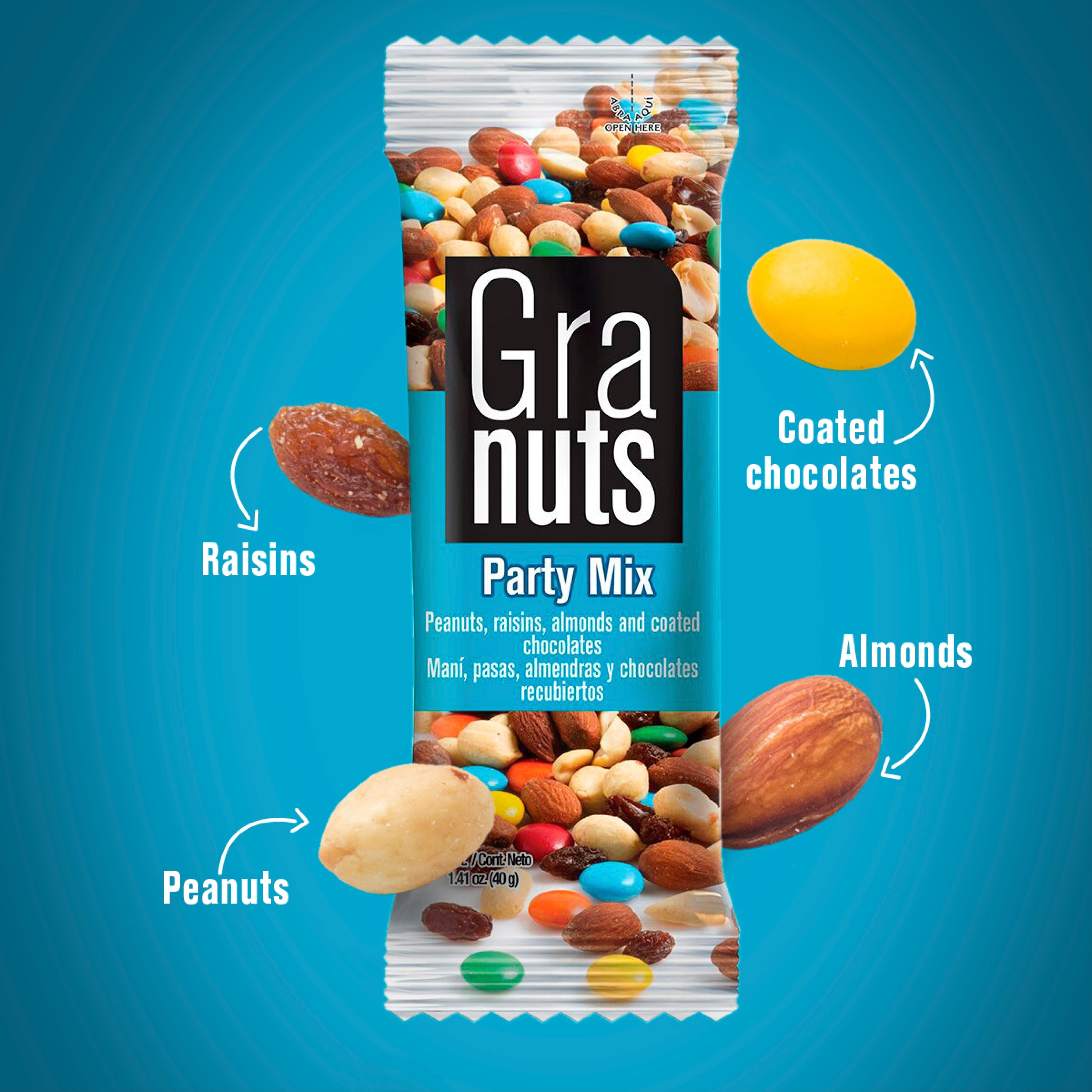 Granuts Party Mix, 1.41 oz Bag – Contains peanuts, almonds, and gluten (allergens). Shellfish-free.