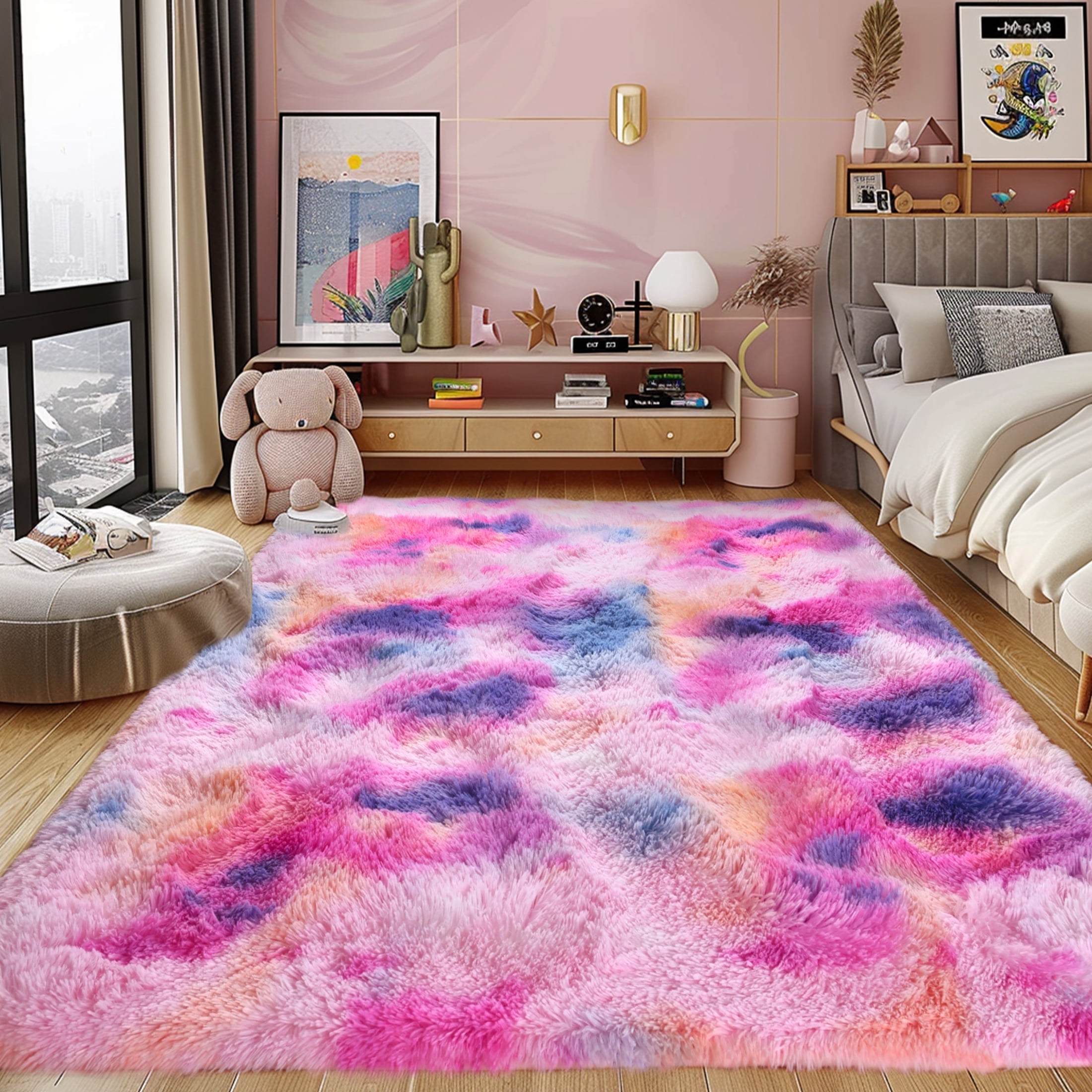 Socofuz 6x9ft Rainbow Fluffy Rug, Cute Colourful Tie Dye Princess Carpet for Girls Bedroom Playroom Nursery Living Room Home Decor