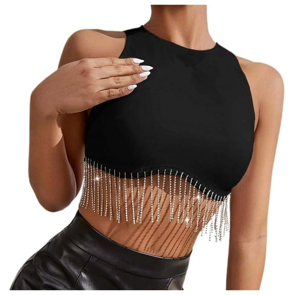 DuoJiaJ Sexy Solid Color Rhinestone Fringe Crop Top Sleeveless Neck Tank Top Women’s High-Neck Workout Tops Black