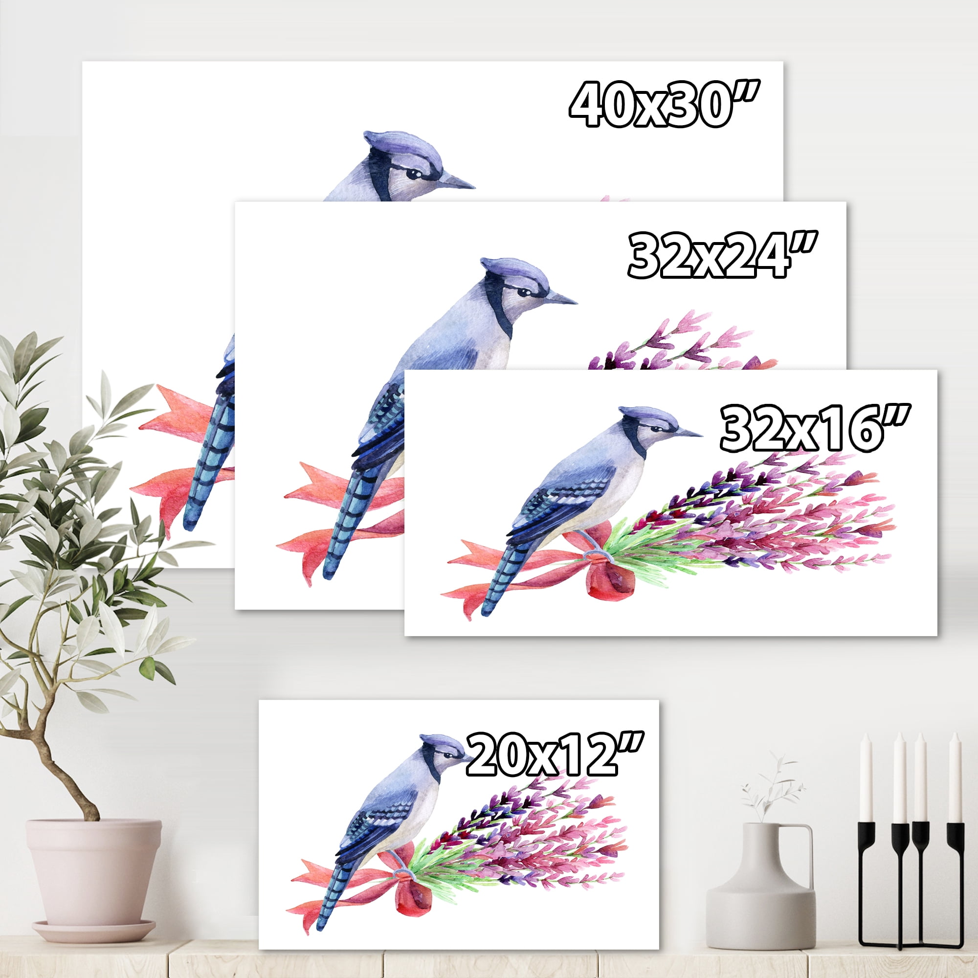 Designart ' Blue Jay Bird On Bouquet Of Pink Flowers ' Traditional Canvas Wall Art Print
