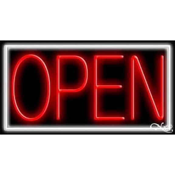 White Border With Red Open LED Neon Sign 20 x 37 - inches, Clear Edge Cut Acrylic Backing, with Dimmer - Bright and Premium built indoor LED Neon Sign for storefront.