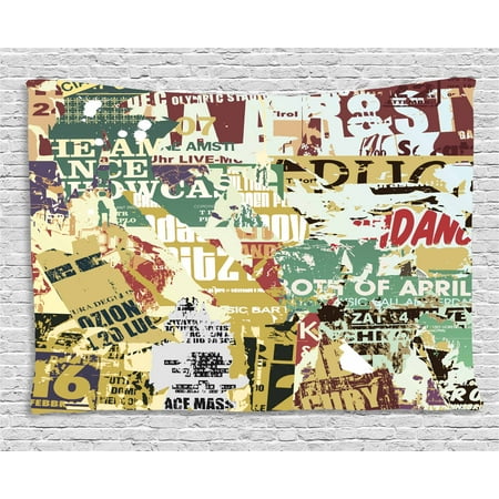 Retro Tapestry, Grunge Style Collage Print of Old Torn Posters Magazines Newspapers Paper Art Print, Wall Hanging for Bedroom Living Room Dorm Decor, 60W X 40L Inches, Multicolor, by