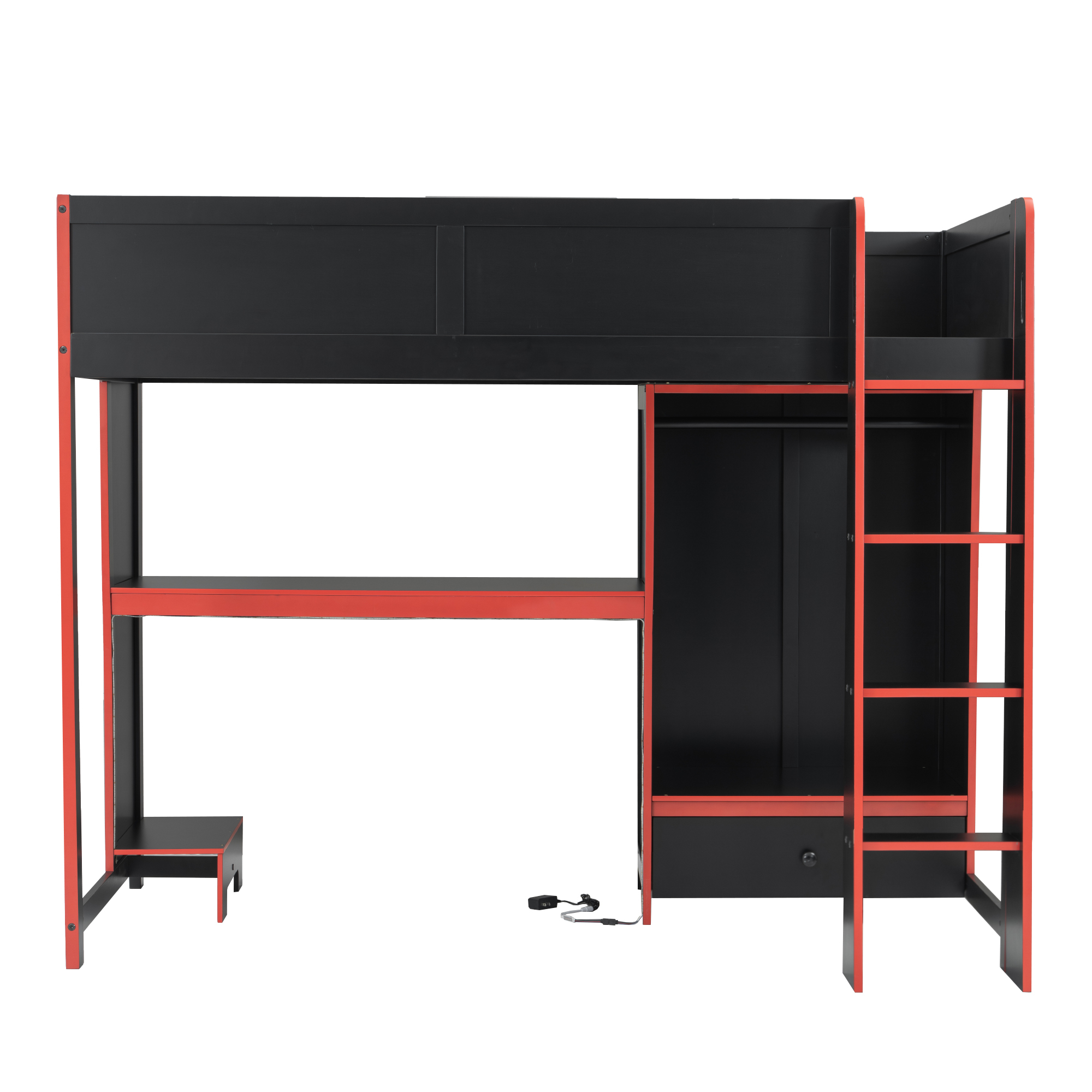 Euroco Wood Twin Size Loft Bed with Desk and Drawer, Gaming Bed with LED Light and Open Wardrobe