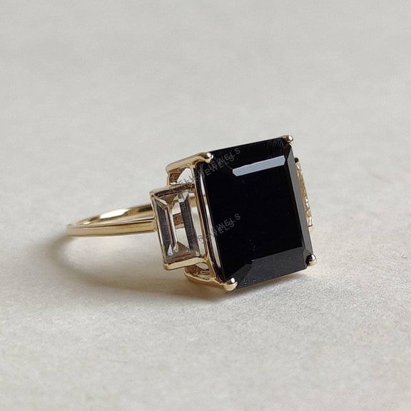 Natural Black Onyx & White Topaz Ring, 14K Solid Yellow Gold Ring, Black Onyx Jewelry, April and January Birthstone, Christmas Gift