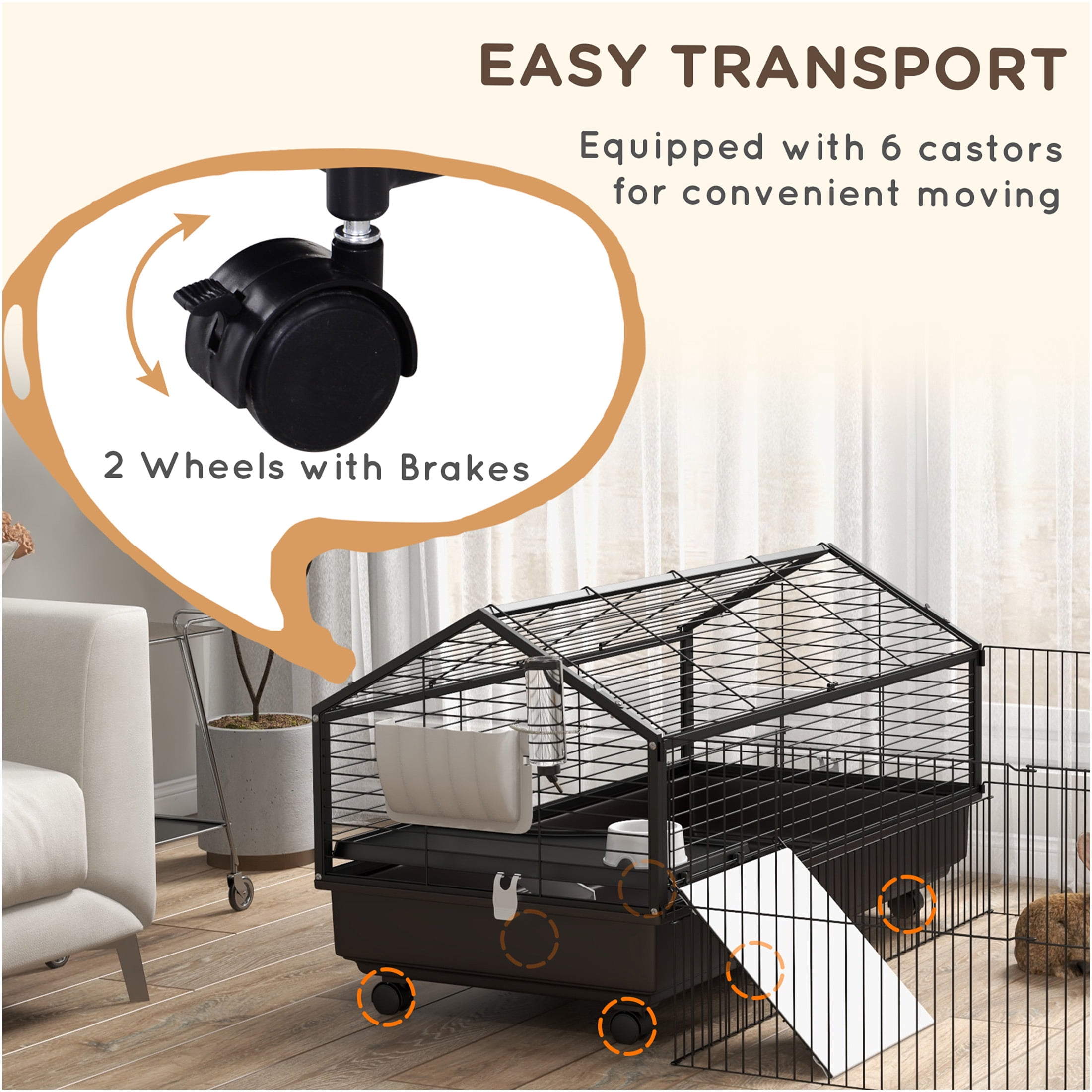JERFIT 46.5" Small Animal Cage with Playpen, Foldable & Rolling Guinea Pig Hutch with Water Bottle, Food Bowl, Ramps for Rabbits, Hedgehogs