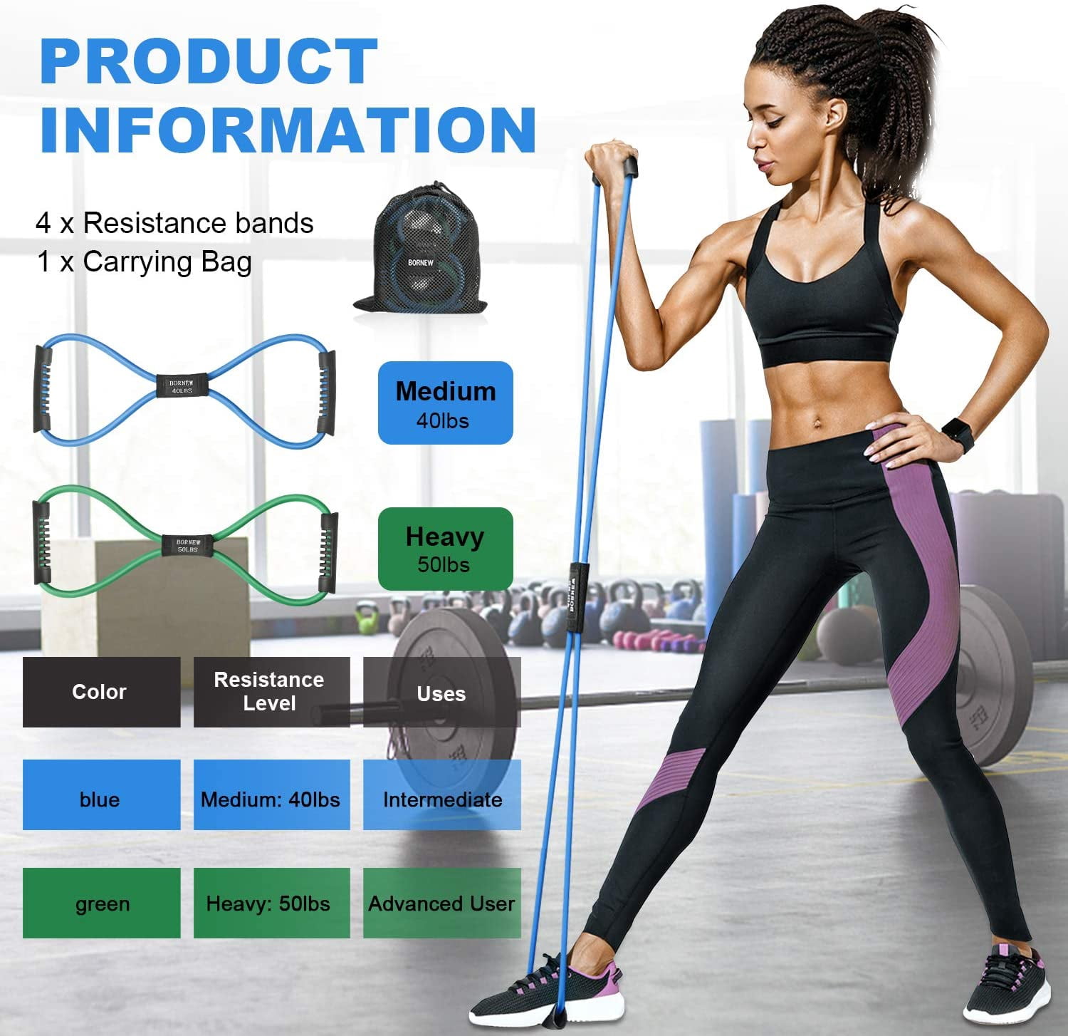 Figure 8 Fitness Resistance Bands with Handles - Exercise Tube Band Set of 4 for Arm and Shoulder Stretch