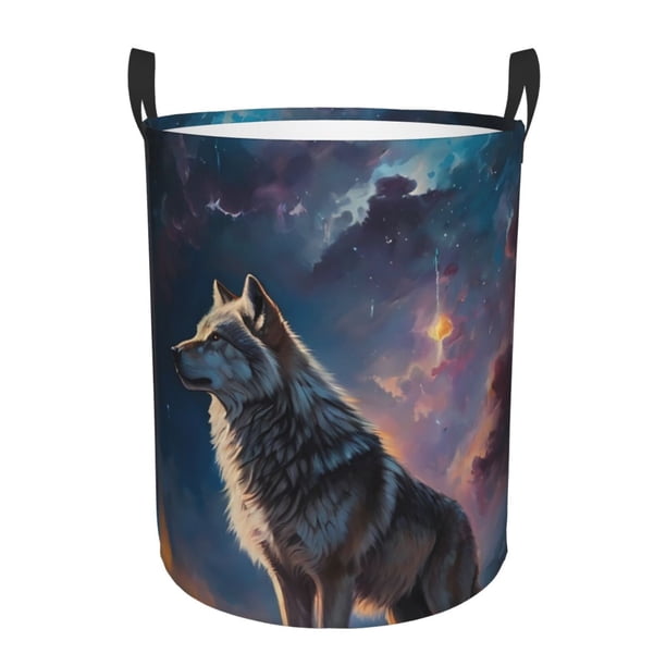 Balery Night Sky Wolf Cesta de ropa redonda con asas, impermeable, independiente, para ropa, juguetes, dormitorio y familia-Medium