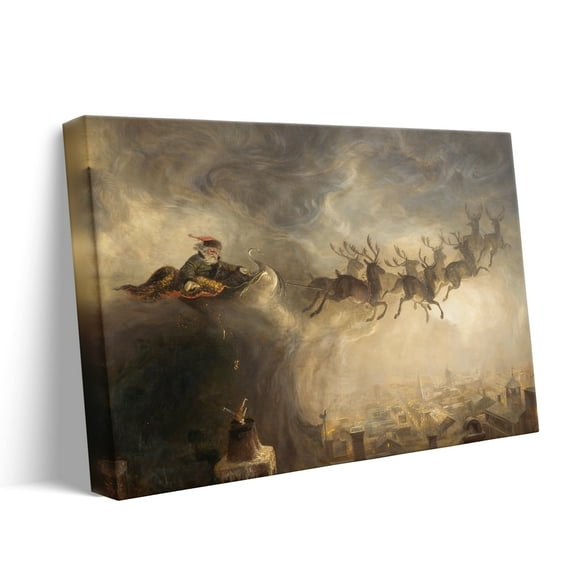 P&L Art Vintage Santa Sleigh Canvas Wall Art, Dramatic Christmas Decor with Flying Reindeer & Cityscape, Framed Canvas Print