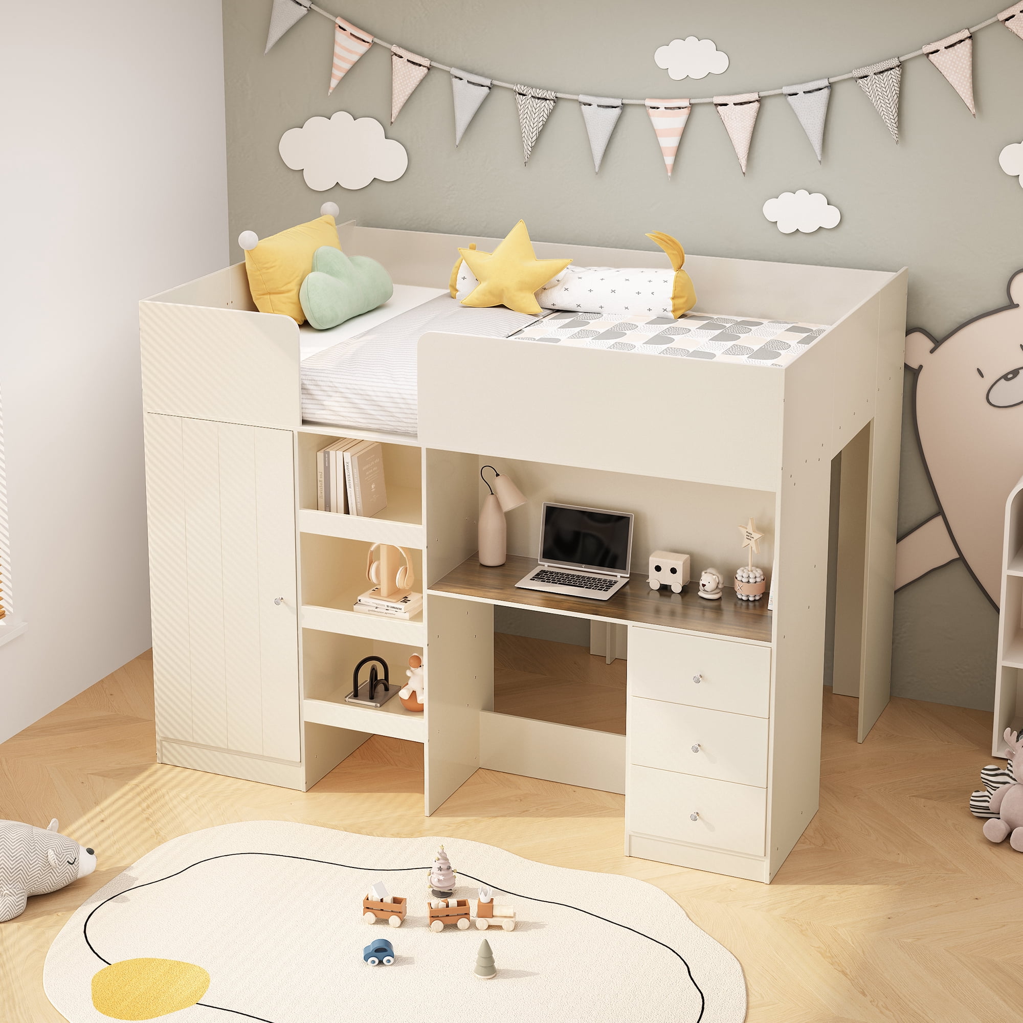 Euroco Wood Full Size Loft Bed with Wardrobe and Desk, 3 Drawers and Shelves for Kids Teens, Beige