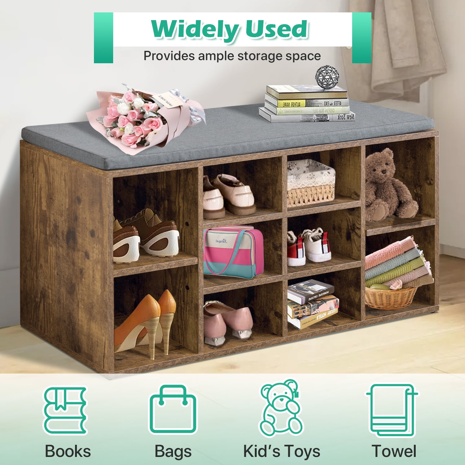 Dkelincs Shoe Bench Entryway Bench with Shoe Storage Shoe Rack Organizer 10 Compartments Storage Bench with 1.2 inch Cushion Adjustable Shelves for Entryway,Living Room, Bedroom (Brown)
