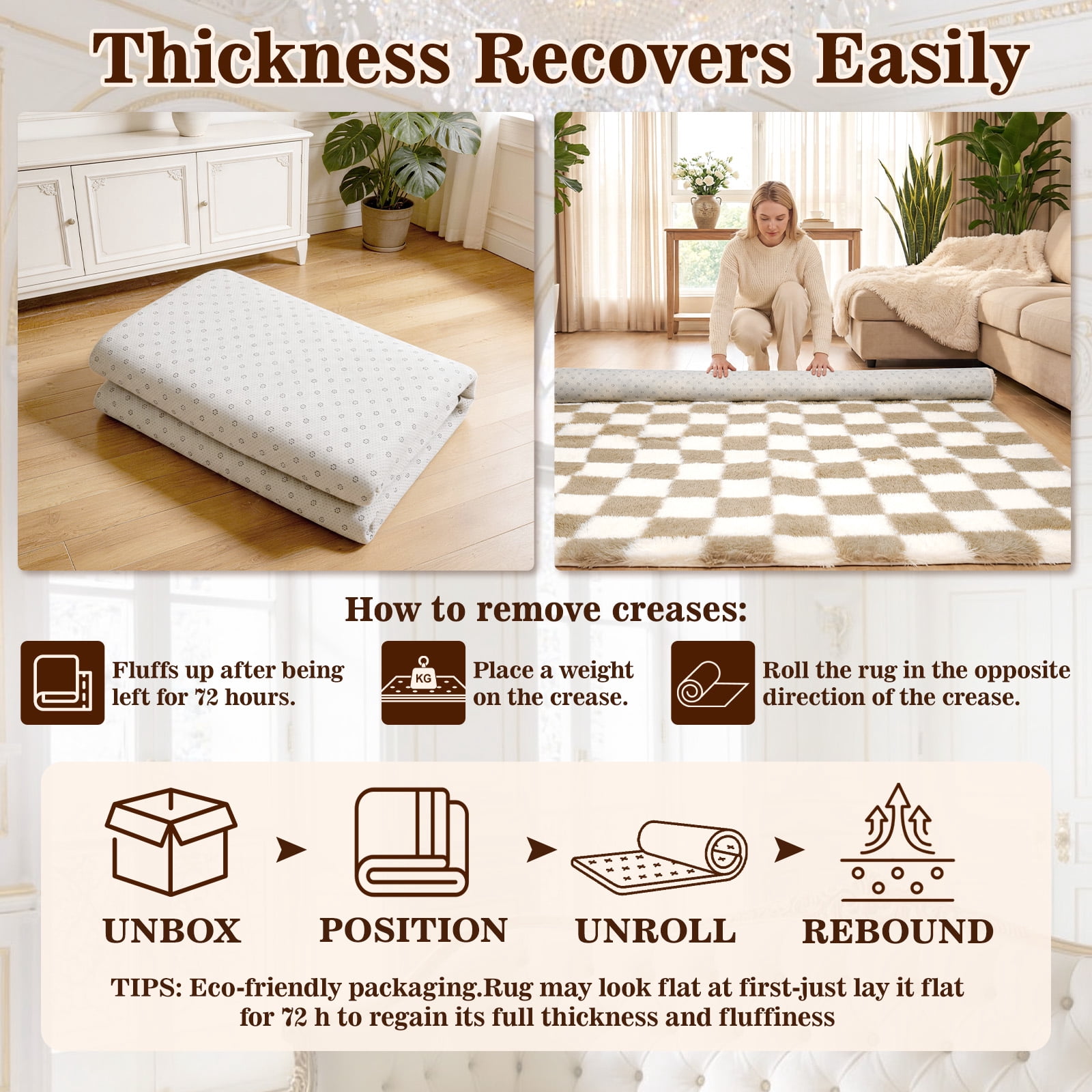 ZRSDIXK 8'x10' Area Rugs for Living Room, Large Shag Fluffy Rug Checkered Carpet, Beige & White