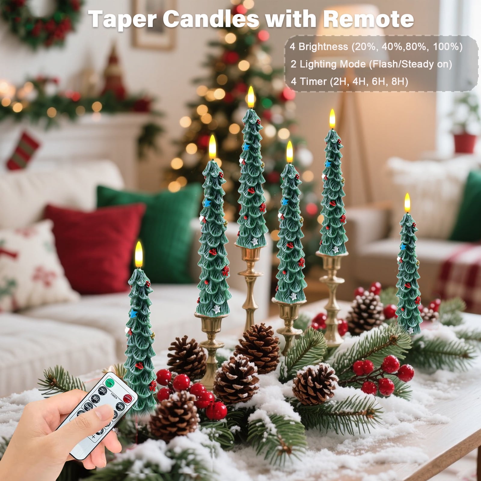 Christmas Tree Flameless Candles, 6PCs Flickering LED Taper Candles with Remote & Timer, Dimmable Electric Candlesticks Battery Operated, Real Wax Christmas Candles for Home Holiday Decor