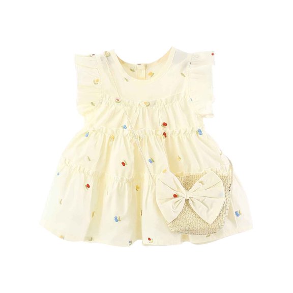 THDHVS Little Girl Dresses,Cherry Embroidery Dress with Ruffle Hem and Matching Purse for Girls Sweet Playful Complete Set,Girls Party Dress Yellow