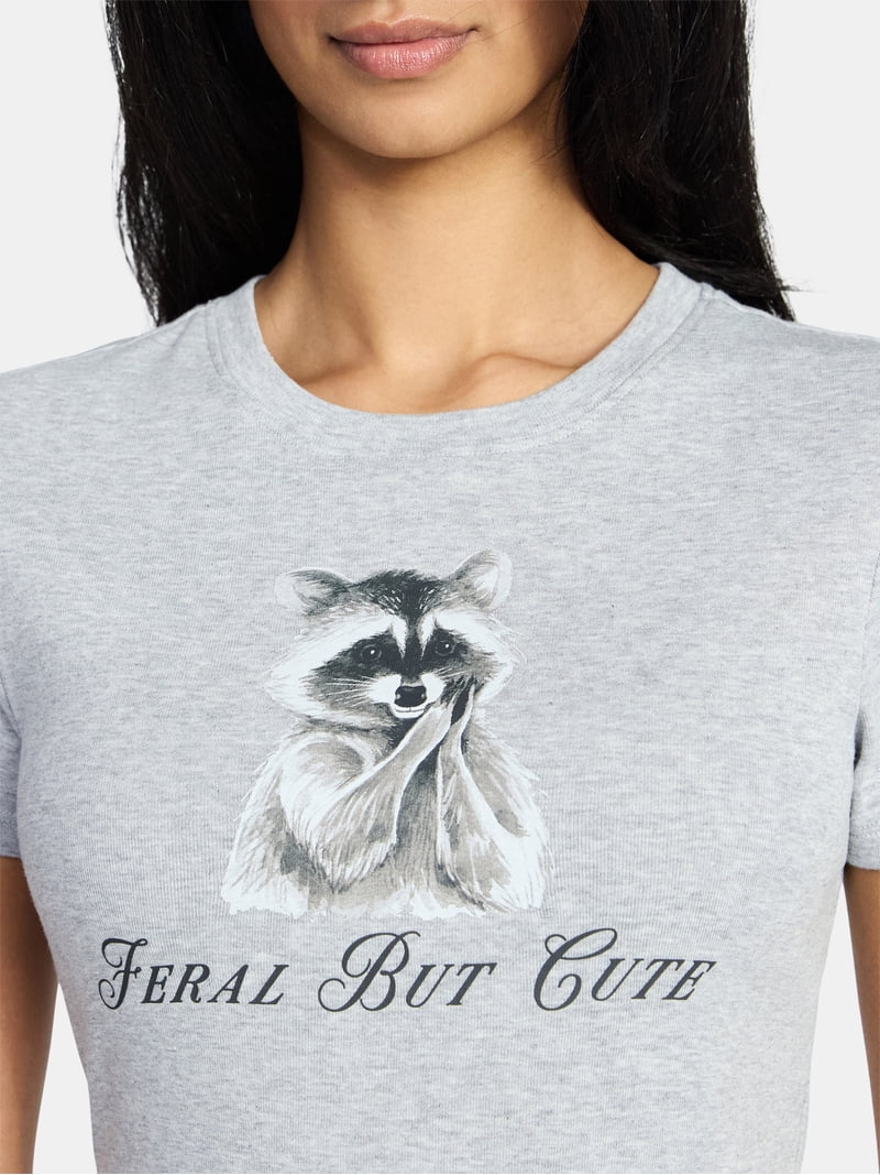 Feral But Cute Women's Graphic Baby Tee with Short Sleeves, Sizes