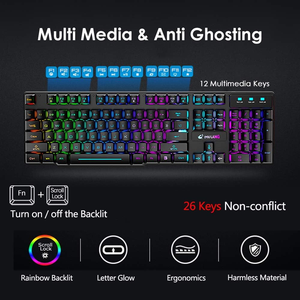T3 Wireless Gaming Keyboard and Mouse Combo Rainbow Backlight Rechargeable Mouse for Computer
