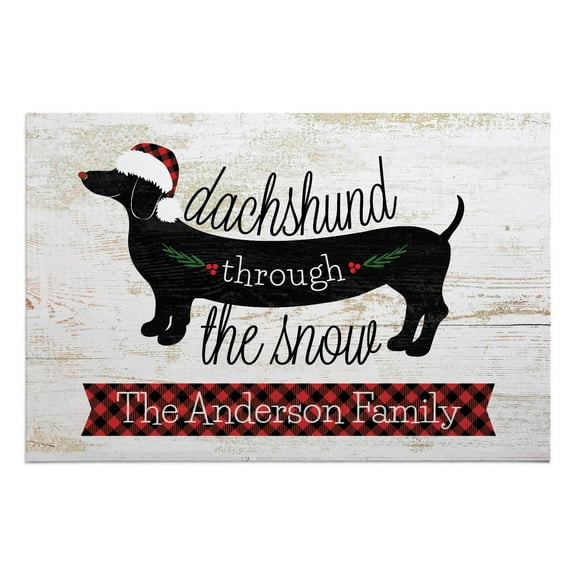 Personalized Planet 27x18 Dachshund Through The Snow Christmas Doormat with Custom Family Name Printed on Rectangular 1/8” Thick Non Slip Mat for Kitchen Hallway Deck or Porch