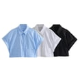 thumbnail image 2 of Summer New Fashionable Versatile Lapel Short Sleeve Striped Pocket Shirt Top-White-L, 2 of 4
