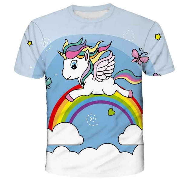 2022 Summer New 3D Unicorn Print T Shirts Girls Tops Clothes Kids Cartoon Clothes Casual Comfortable Cute Unicorn Girls T Shirts6T Gong Bohan LED