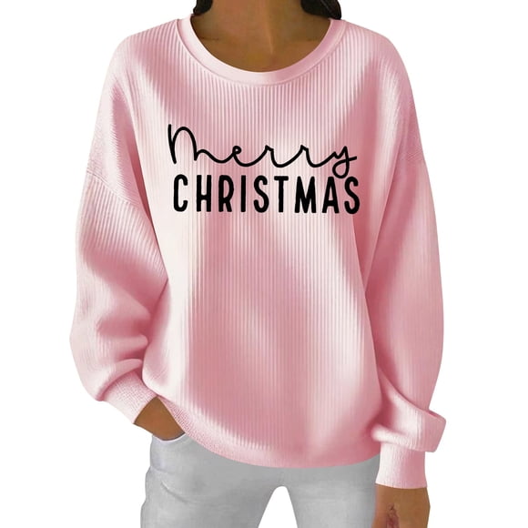 Women's Christmas Print Hooded Long-Sleeved Crew Neck Sweatshirt with Fluted Stitching and Pullover