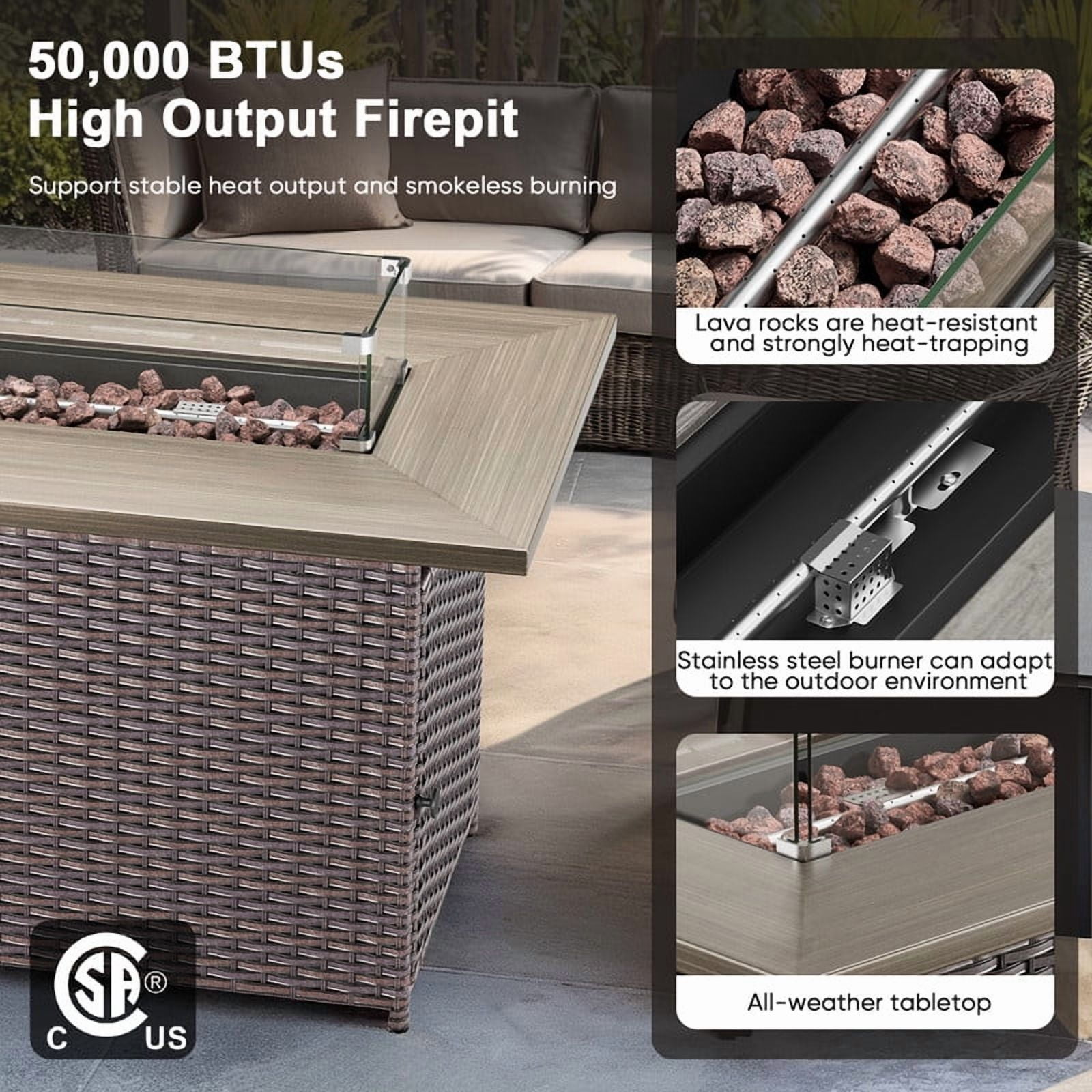 Giantfurnni 41" Propane Fire Pit Table with Lid, Outdoor Wicker 50,000 BTUs Rectangle Gas Fire Pit Table with Glass Wind Guard and Lava Rocks for Balcony Porch Deck
