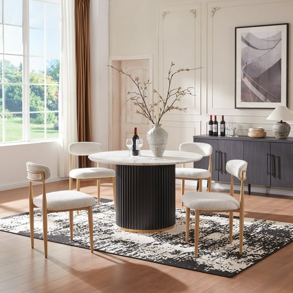 Modern 5-Piece Faux Marble Dining Table Top with Boucle Chairs in White Dining Room Set for Kitchen Seats of 4