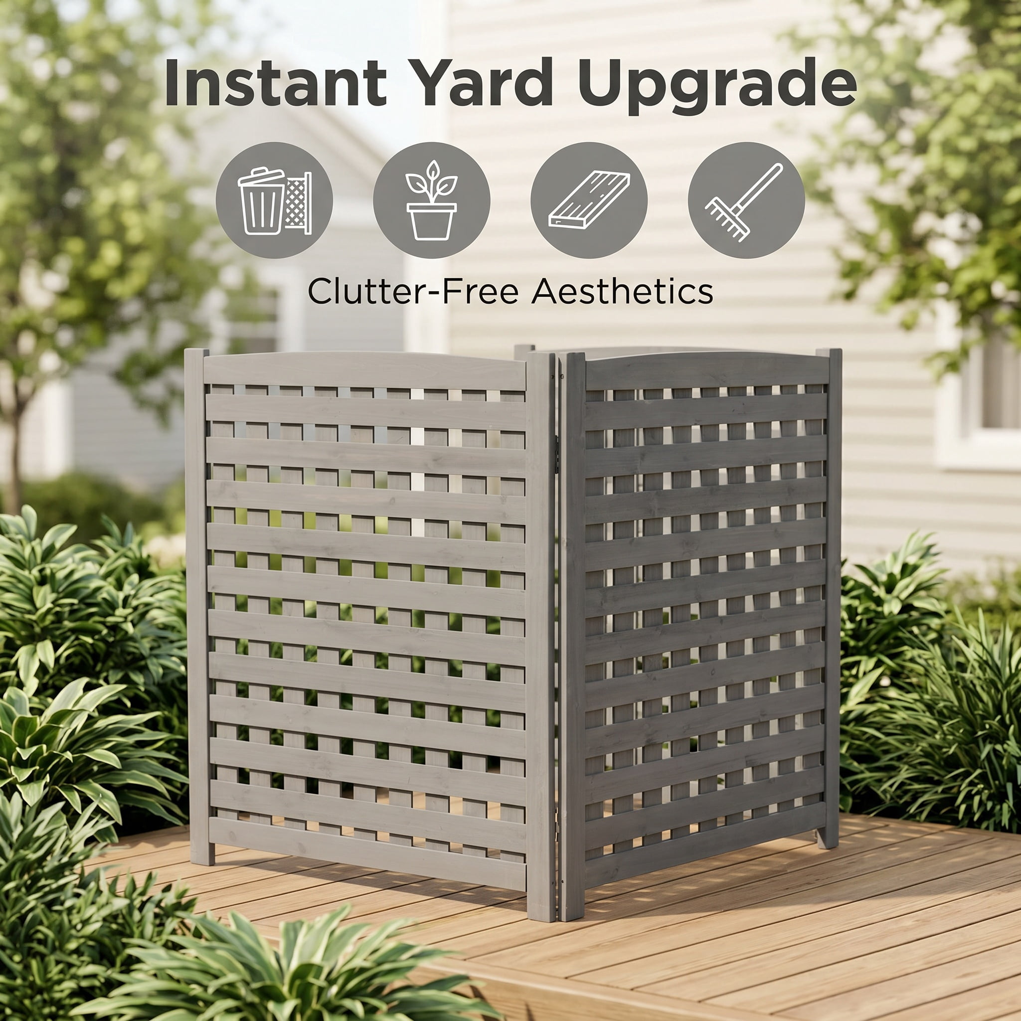 Outdoor Wood Privacy Fence 3-Panel 32W x 38H, Solid Wood Air Conditioner Screen with Slat Spacing for AC Unit Trash Can Pool Pump Enclosure, Gray