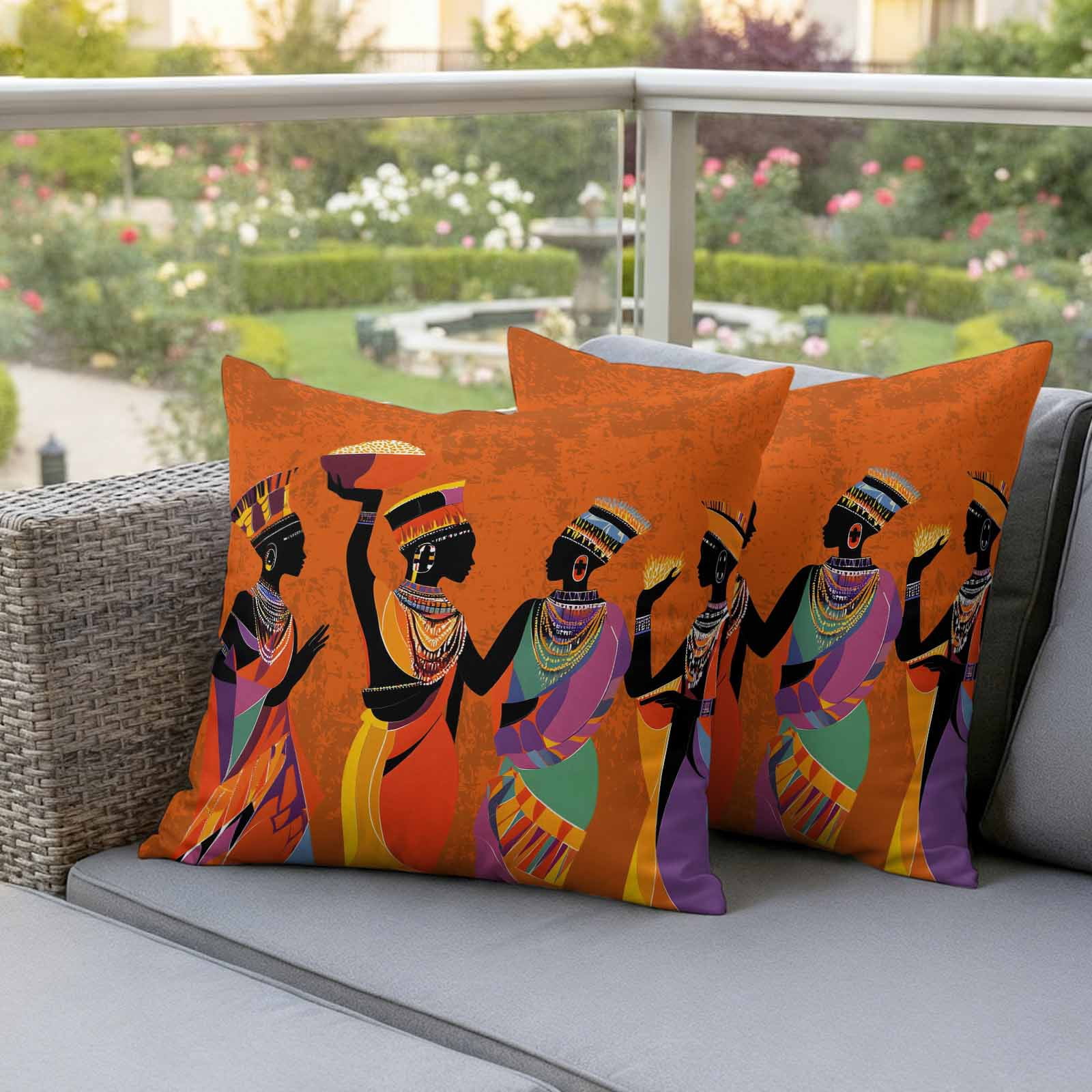 Outdoor Pillow Covers African Black Woman Ethnic Style Waterproof Pillow Cases 18x18 Set of 2, Retro Orange Gradient Throw Pillow Cover Pillowcase for Patio Balcony Couch Garden