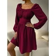 thumbnail image 3 of SEARIPE Women's Long Sleeve Plain Square Neck Ruched High Waist Dress Lace-up Casual Elegant Midi Dresses Burgundy Red XL, 3 of 5