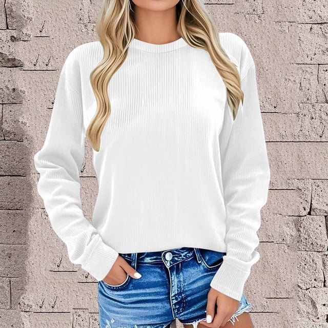 Amzcrzy Chandails en Molleton pour Femmes Décontracté Couleur Unie Manches Longues Col Rond Chandails en Molleton Mode Coton Côtelé Automne Chandail en Molleton pour Femmes m