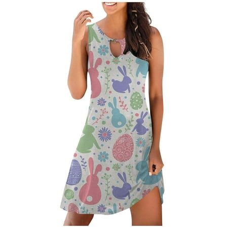 

jsaierl Easter Dress for Women Bunny Egg Graphic Casual Dresses Beach Sleeveless Knee Length Dress A-Line Tank Dresses Happy Easter Gift for Women