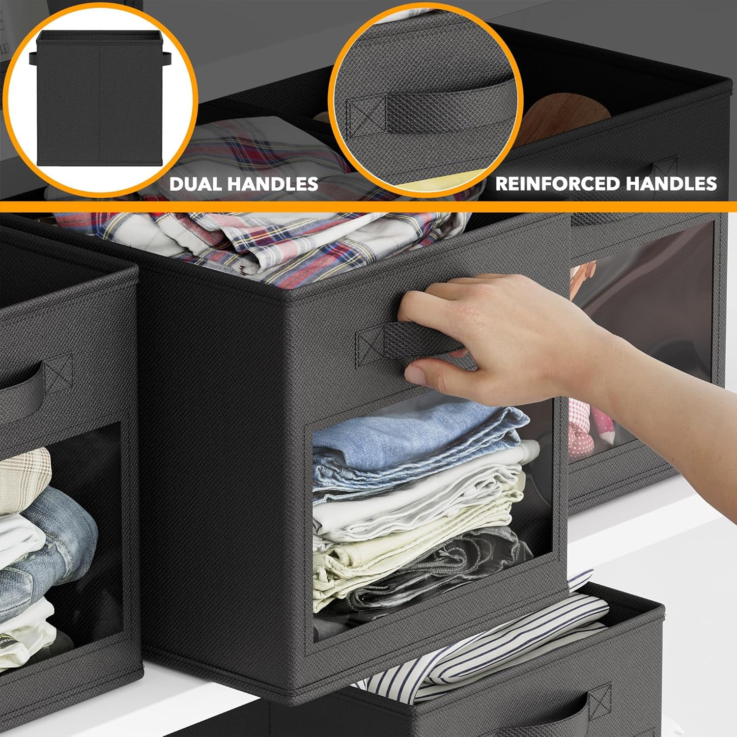 SpaceAid Storage Cubes with Clear Windows, Set of 6 Fabric Bins, 11 Inch, Black