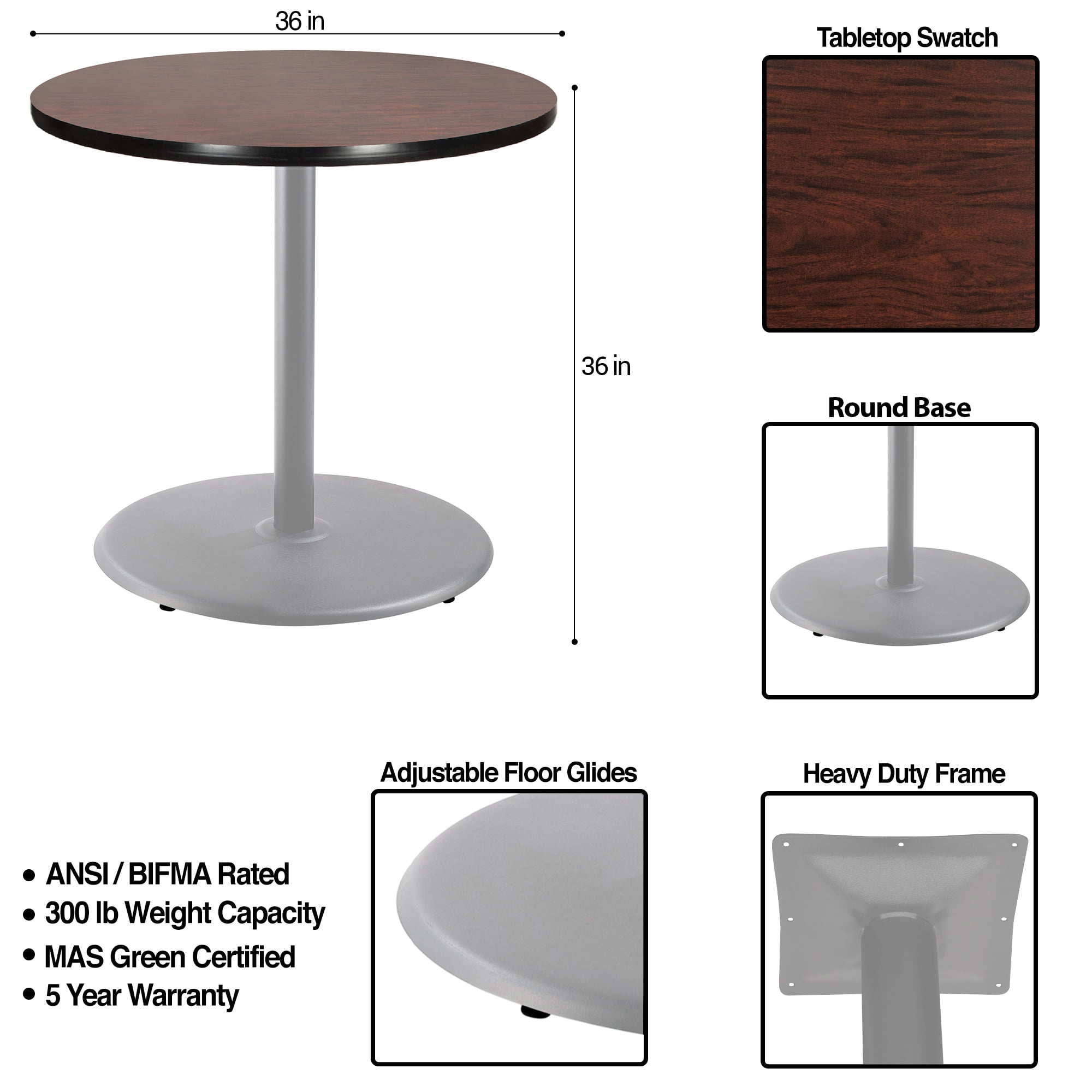Hampden Furnishings Bennet Collection Steel Frame 36" Round Top, Round Base, 36" Height, Cafe Table Grey Frame/Mahogany Top