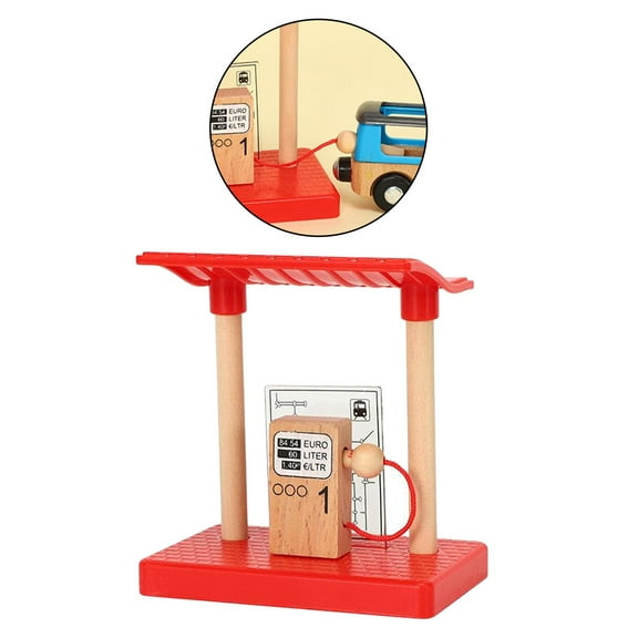 Wooden Train Set for Station Platform, Crossroad Raised Bridge And Gas Wood Toy Train for 3,4,5 Year Old Boys And Girls