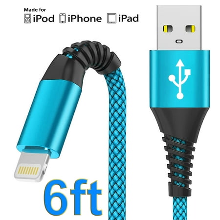 6 FT iPhone Charger Cord, XUDUO Long Lightning Cable Strong Nylon Braided Fast Charging USB Cords for iPhone 13/12/11/X/XS/XR/8/7/6/5S/SE/iPad Mini Air (Blue)