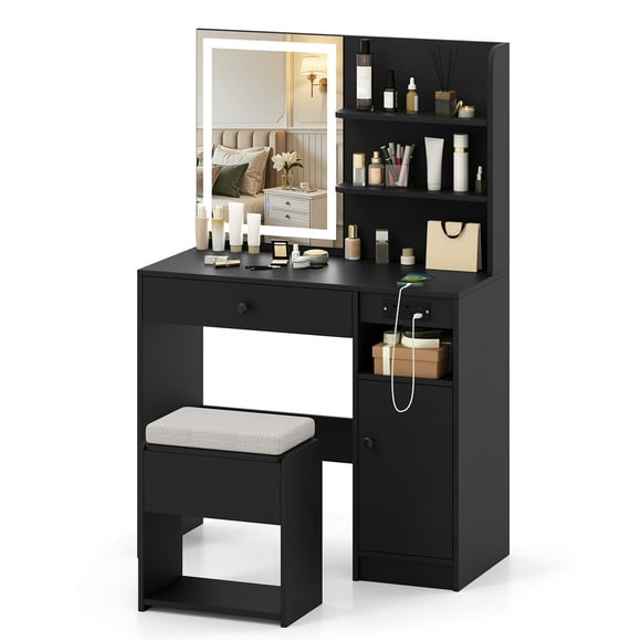 Patiojoy Vanity Desk with Mirror & Lights Makeup Dressing Table w/Cushioned Storage Stool & Power Outlets Black
