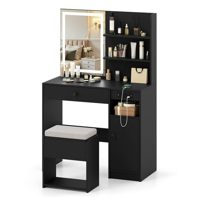 Patiojoy Vanity Desk with Mirror & Lights Makeup Dressing Table w/Cushioned Storage Stool & Power Outlets Black