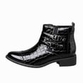 thumbnail image 1 of Men's Crocodile-Embossed Patent Leather Chelsea Boots with Double Buckle Strap, Low Heel Pointed Toe Cowboy Boots, 1 of 6