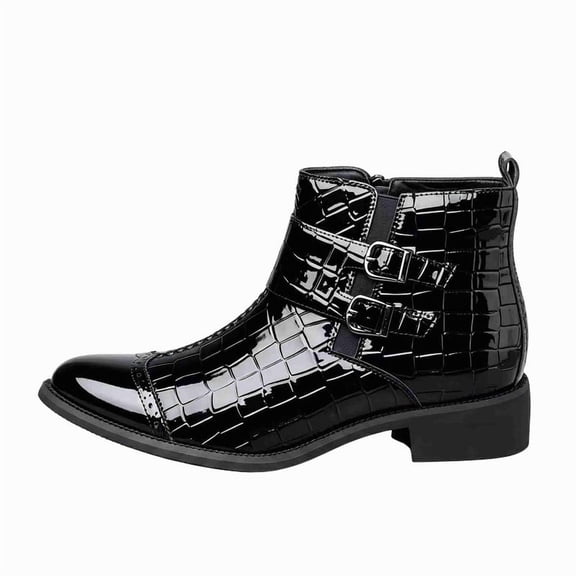 Men's Crocodile-Embossed Patent Leather Chelsea Boots with Double Buckle Strap, Low Heel Pointed Toe Cowboy Boots