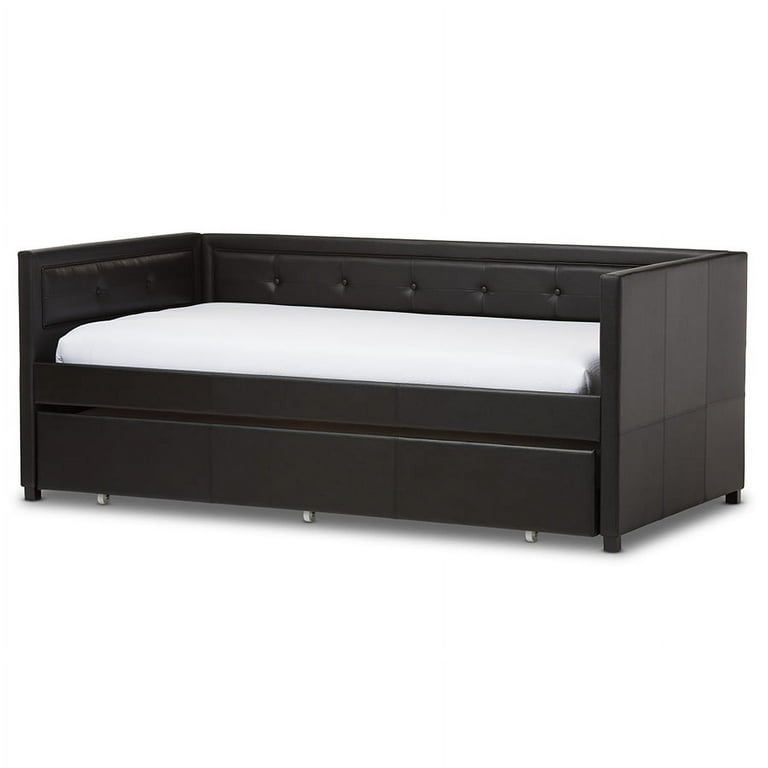 Baxton Studio Frank Modern and Contemporary Black Faux Leather Button-Tufting Sofa Twin Daybed with Roll-Out Trundle Guest Bed Baxton Studio Frank Modern and Contemporary Black Faux Leather Button-Tufting Sofa Twin Daybed with Roll-Out Trundle Guest Bed