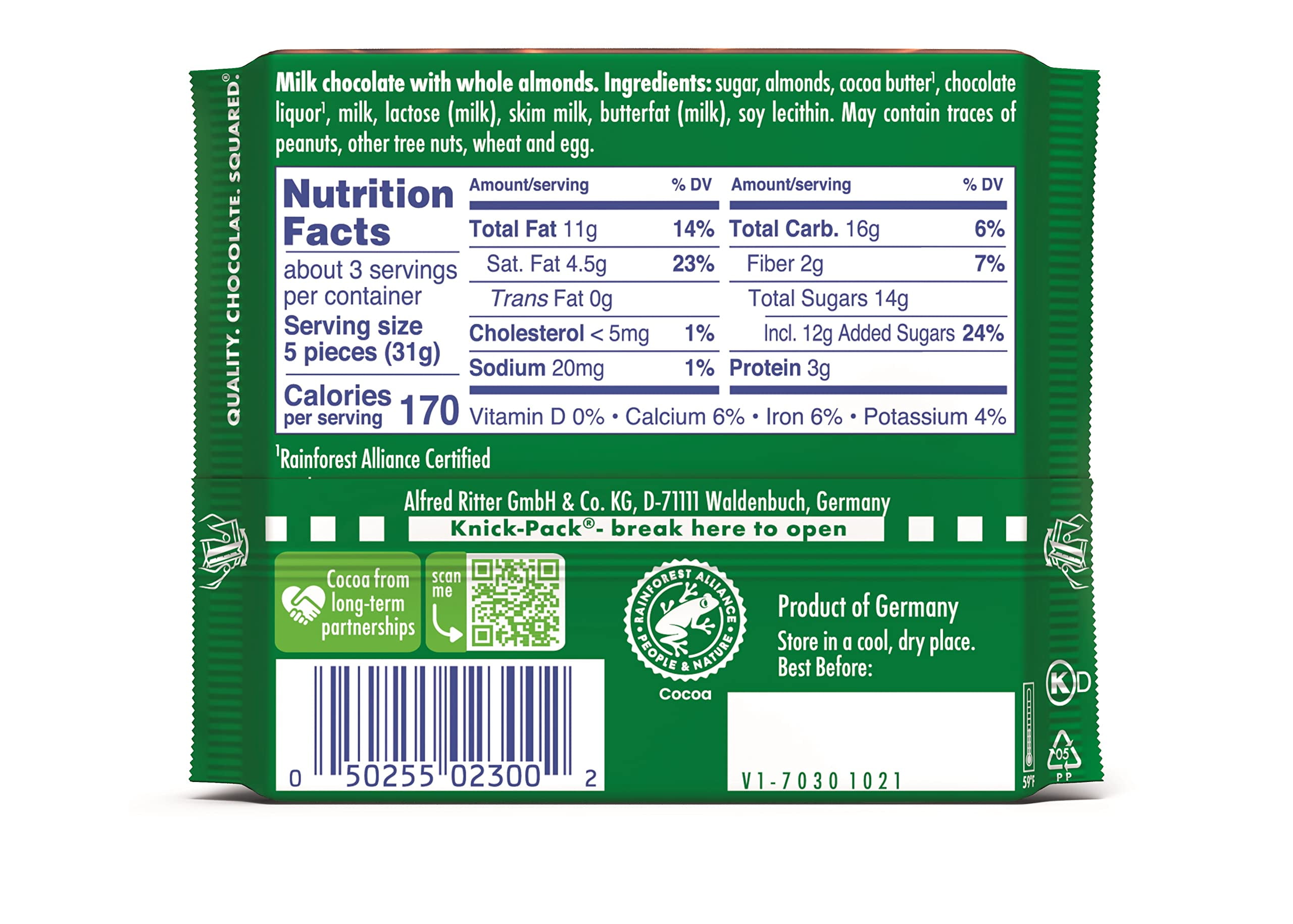 Ritter Sport Milk Chocolate with Whole Almonds Bar, Gluten Free, 3.5 Ounce (Pack of 11)