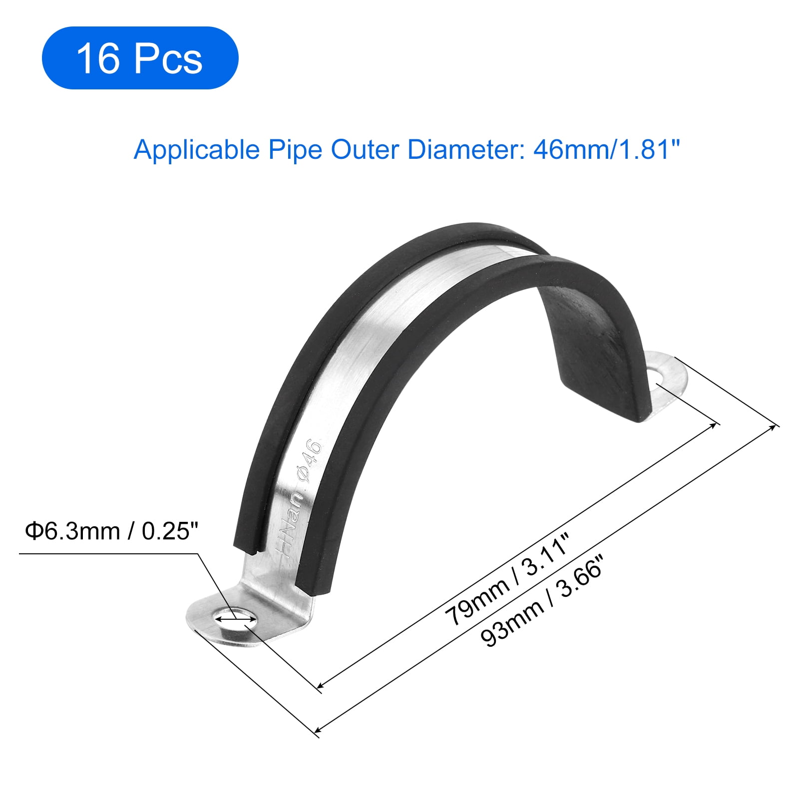 Uxcell 16Pack 46mm Cable Clamps, Stainless Steel Rubber Cushioned U-Tube Strap Clamp
