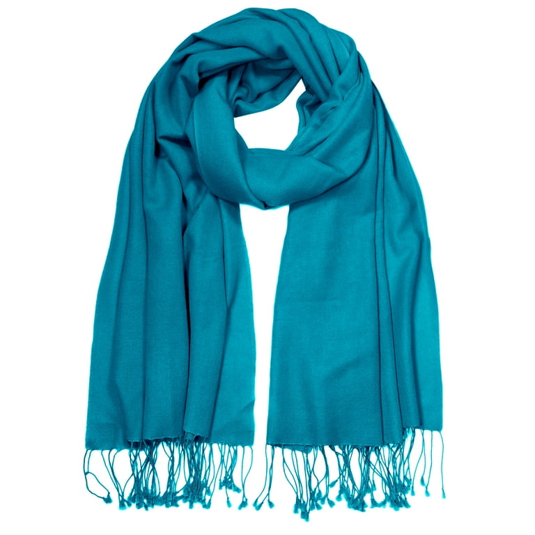 Women's Long Silk Pashmina Scarf, Teal Solid Plain Shawl Wrap with