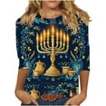 thumbnail image 2 of Hanukkah Pajama Tops for Women Plus Size 3/4 Sleeve Menorah Print T-Shirt,Loose Fit Crewneck Tops for Family, 2 of 5