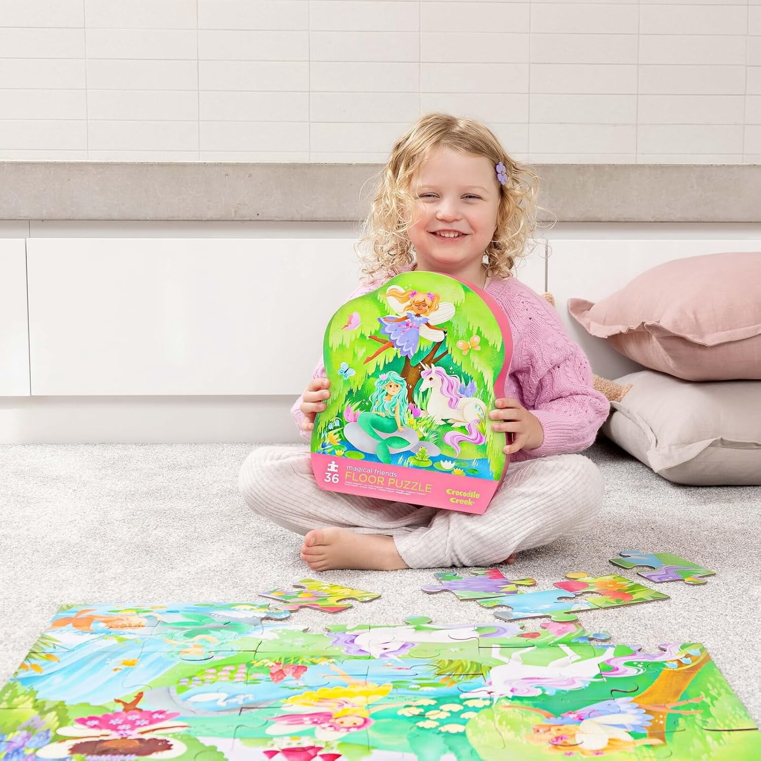 Crocodile Creek 36-Piece Jigsaw Floor Puzzle - Fun Floor Puzzles for Kids Ages 3-5 - Heavy-Duty Shaped Box for Storage - Magical Friends - 27" W x 20" H Finished