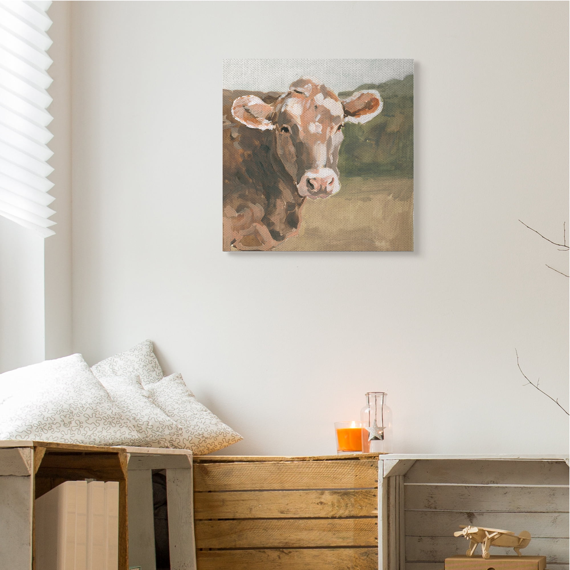 Stupell Industries Soft Country Meadow Cow Quaint Farm Animal Animals & Insects Painting Gallery Wrapped Canvas Art Print Wall Art, 24 x 24