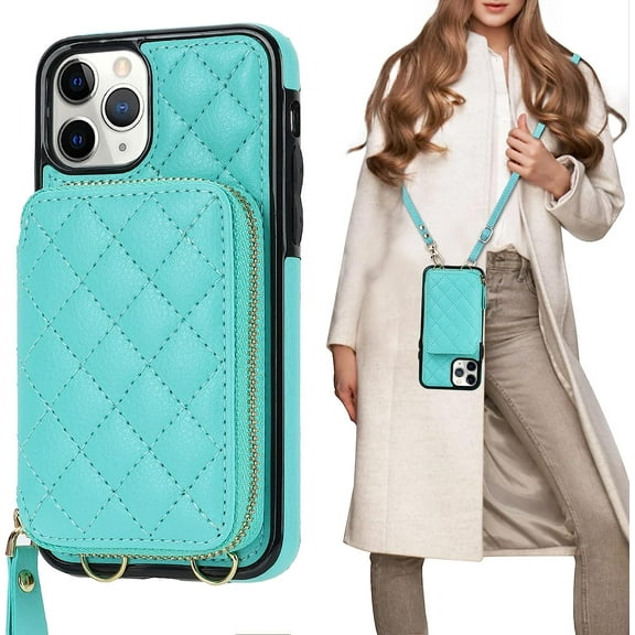 Crossbody Wallet Case for iPhone 11 Pro, RFID Blocking PU Leather Zipper Handbag Purse Flip Cover, Kickstand Folio Case with Card Slots Holder Wrist Strap Lanyard 5.8 Inch (Mint Green)