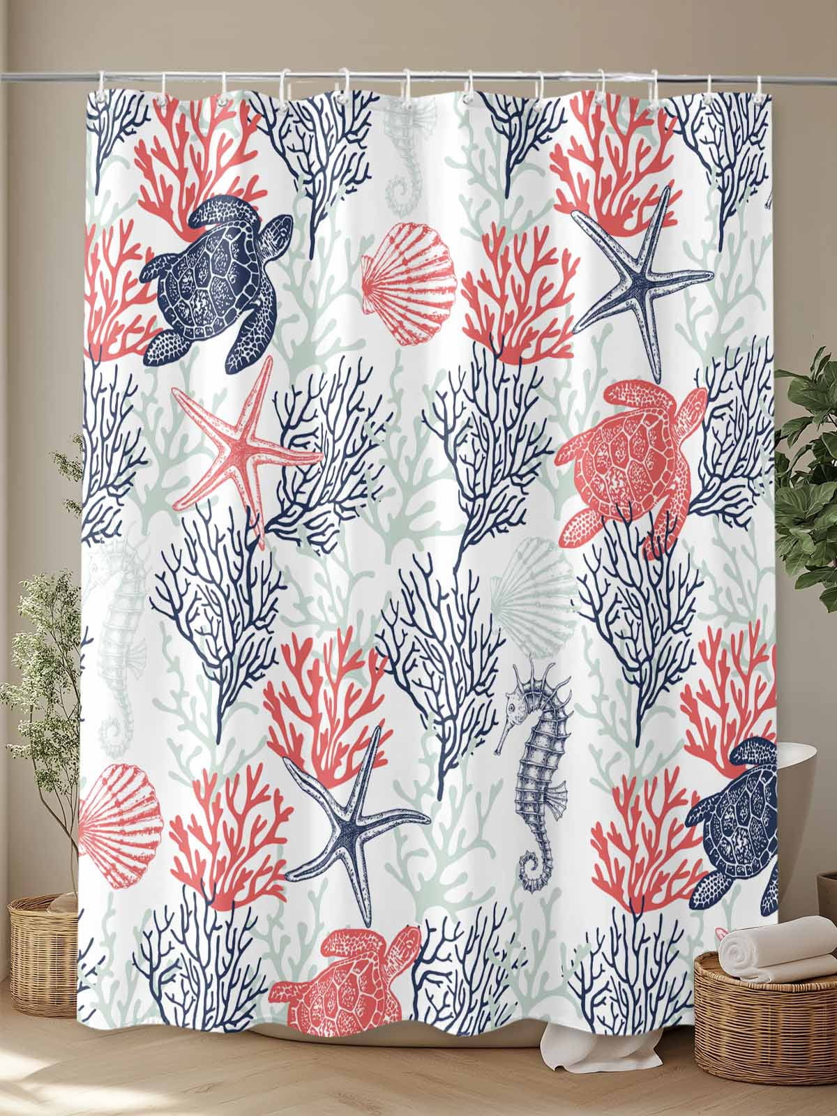 Boanket Polyester Fabric Blue Red Coastal Shower Curtain, Sea Turtle Nautical Coral Summer Beach Waterproof Bathtub Curtain Bathroom Decor Set with Hooks 60 x 72 Inches,