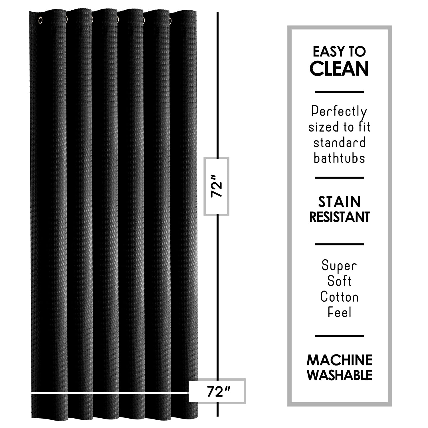 LammaLoe Black Shower Curtain, Waffle Weave Heavy Duty Fabric Shower Curtain, 72” x 72" Hotel Luxury 256 GSM Bathroom Curtains