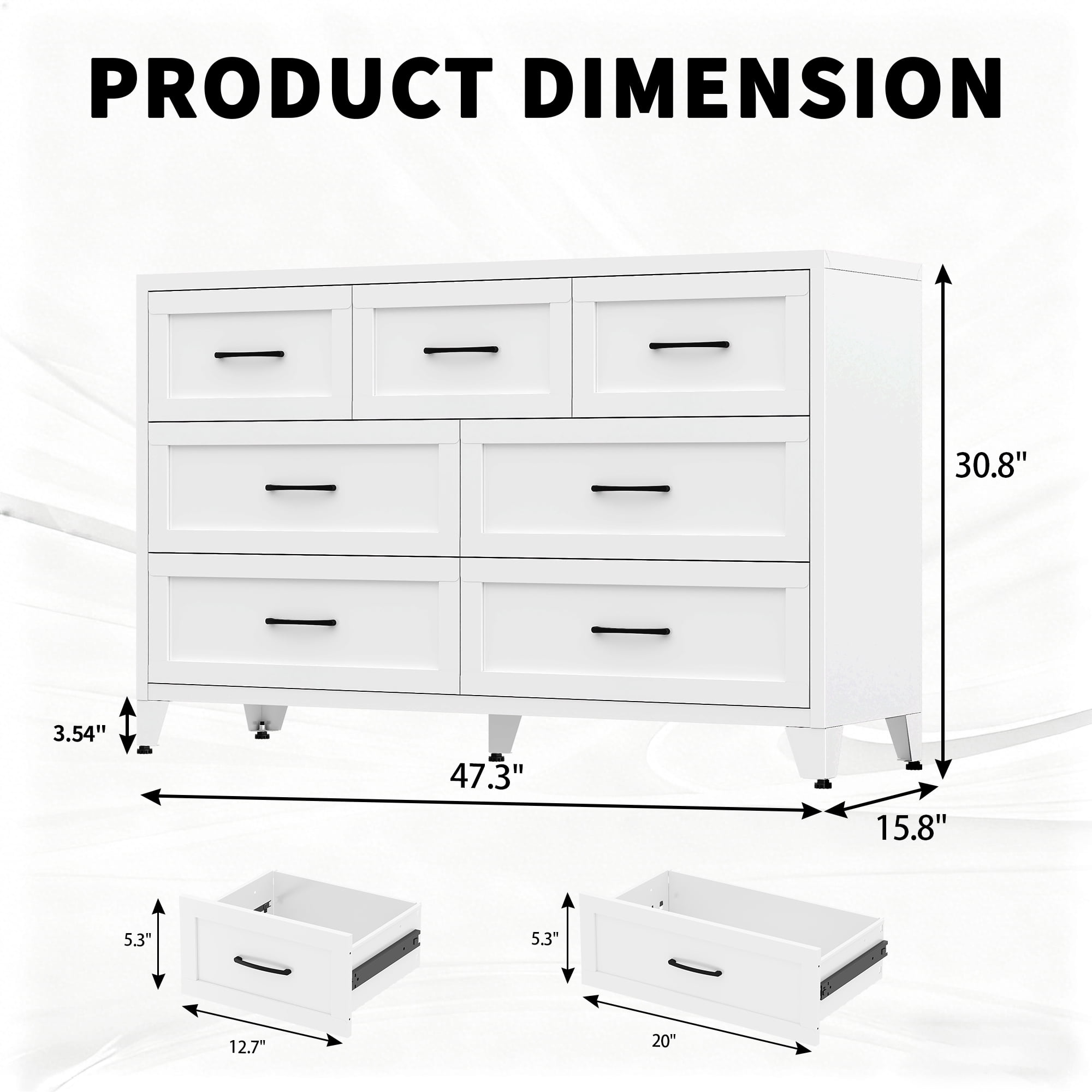 ShiKeyi 7 Drawer Dresser for Bedroom, Modern Metal Wide Storage Chest with Metal Handles and Legs, White