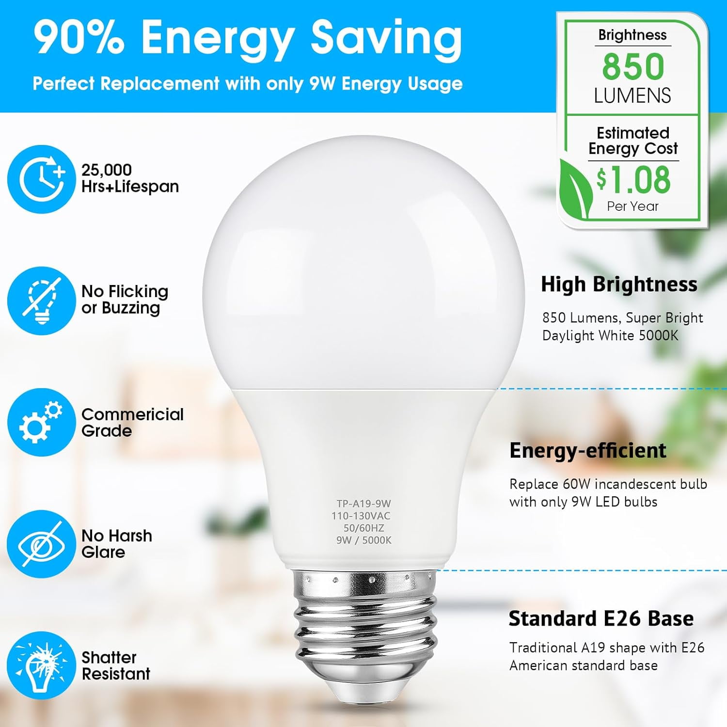 A19 LED Light Bulb, 60 Watt Equivalent LED Bulb, Daylight White 5000K, 850 Lumen, E26 Base, Non-Dimmable, 9W Bright White LED Bulb, 12-Pack